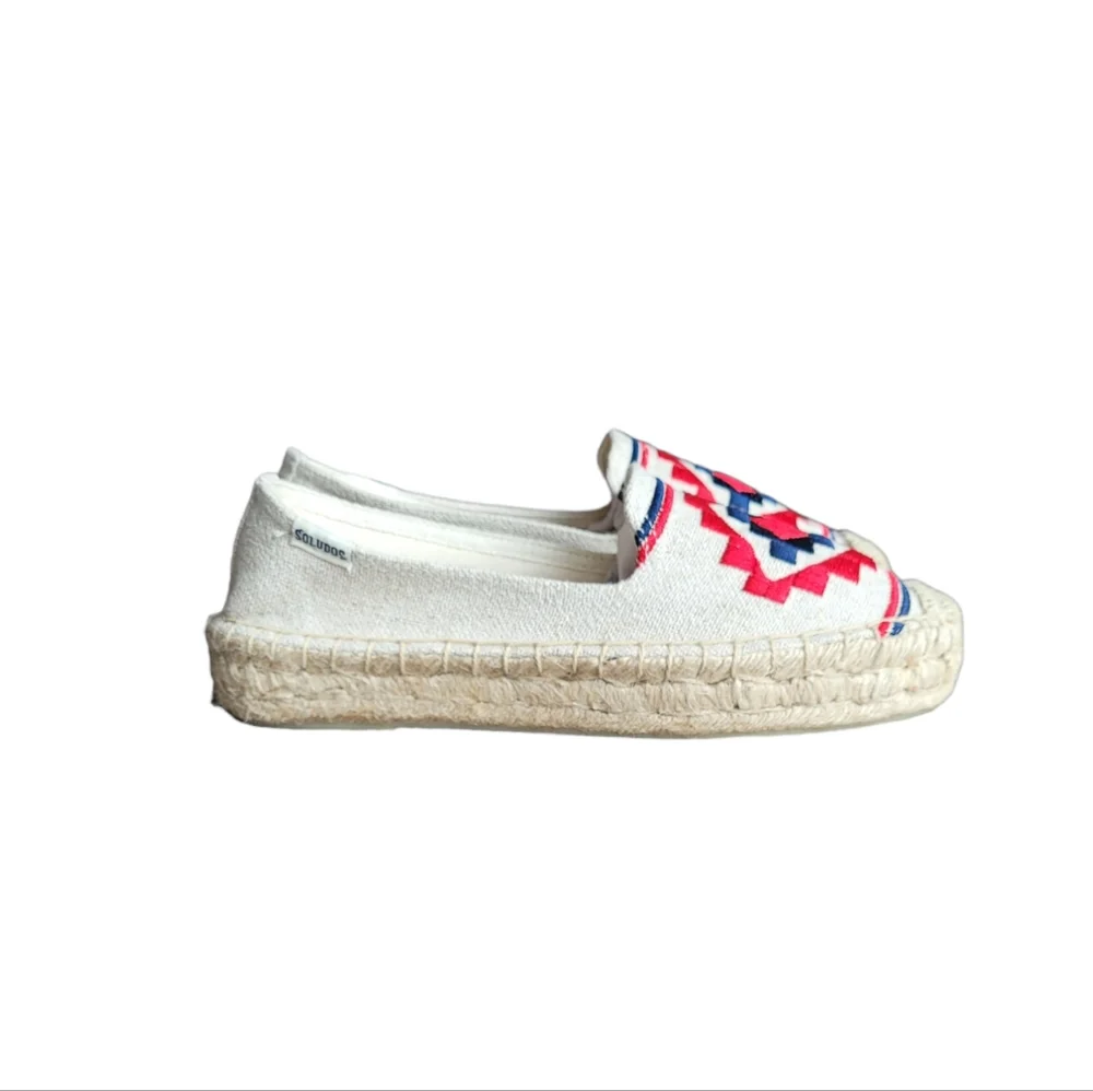 Soludos Cream Espadrilles with Red and Navy Geometric Embroidery
